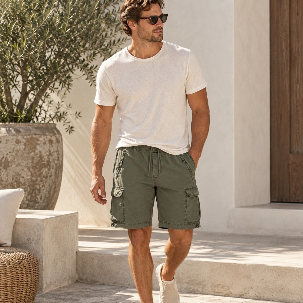New James Perse Parachute Poplin Cargo Shorts Sz 4 XL Light Olive Stretch Cotton